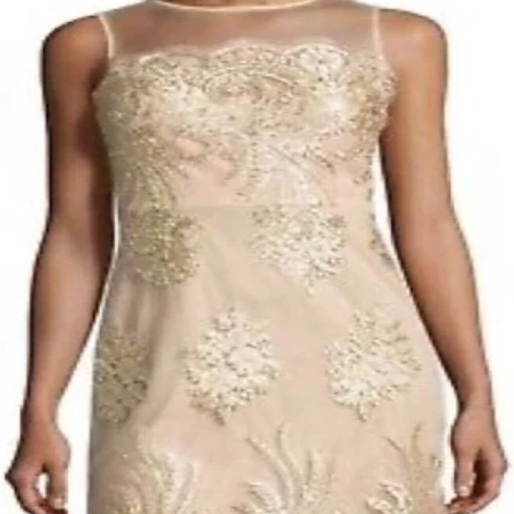 Donna Ricco Mesh Midi sleeveless Embroidered Lace Gold Overlay